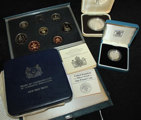 Royal Mint proof coin collections, inc Guernsey 1966, Singapore 1967, UK 1985 & 1988, various silver proof coins etc